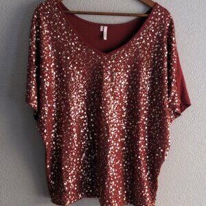 Studio Y Burnt Orange/Rust Sparkle Gold Sequin V- Neckline Top Size XXL